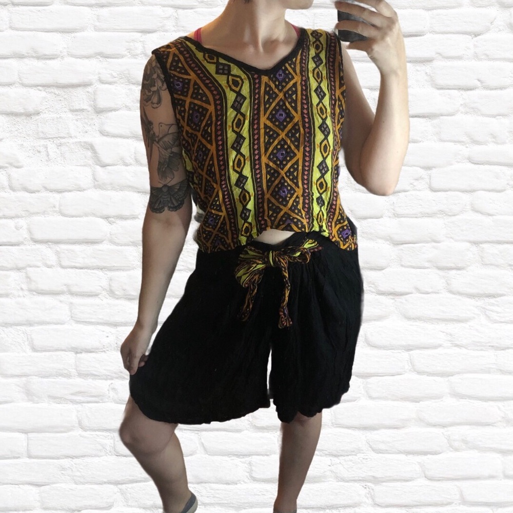 Vintage abstract sarong beach coverup 2-piece set - tank top and shorts